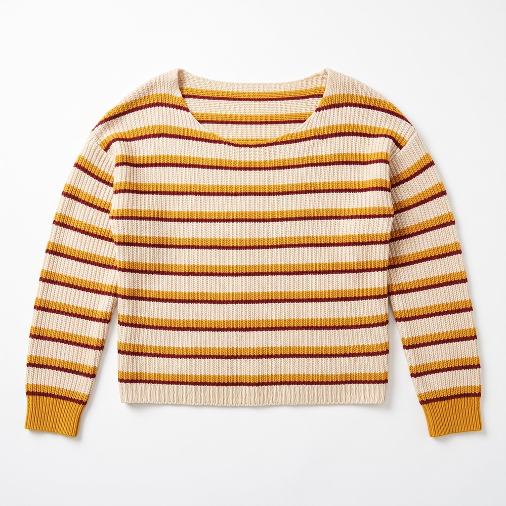 Alya Womens S Cream Mustard Burgundy Striped Ribbed Pullover Sweater